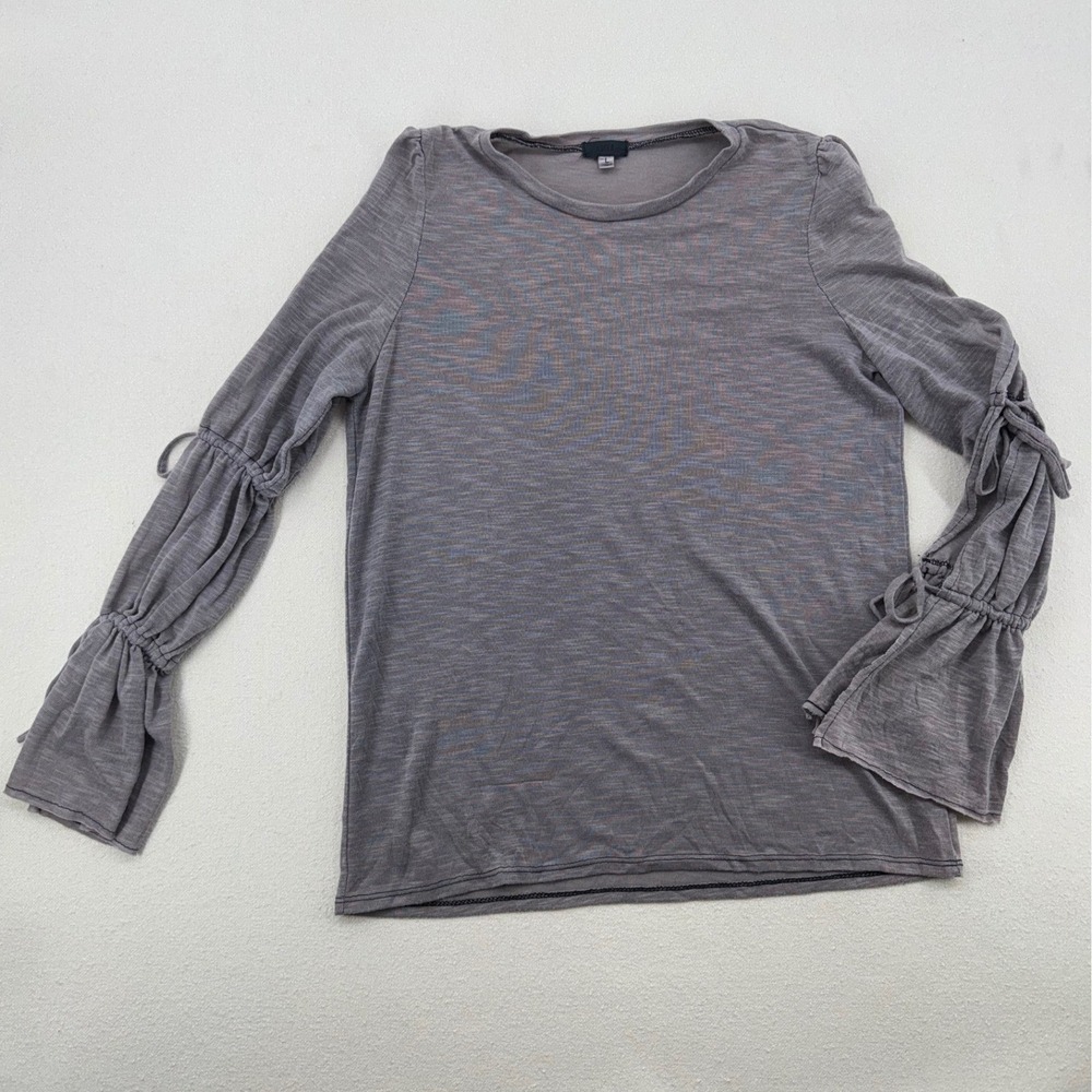 Lucca Gray Cotton Slub Knit Long Sleeve Top Adjustable Tie Ruched Sleeves L